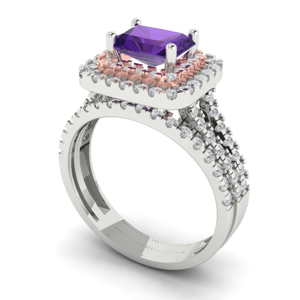 3.05 cttw Emerald Cut Natural Amethyst Bridal Set - Solid White/Rose Gold Engagement Ring & Wedding Band