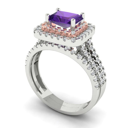 3.05 cttw Emerald Cut Natural Amethyst Bridal Set - Solid White/Rose Gold Engagement Ring & Wedding Band