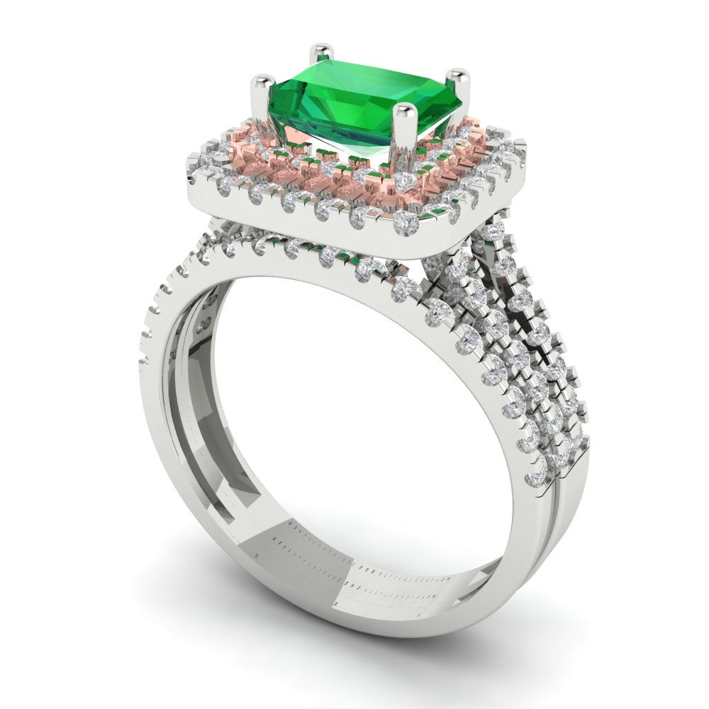 3.05 cttw Emerald Cut Simulated Emerald Bridal Set - Solid White/Rose Gold Engagement Ring & Wedding Band