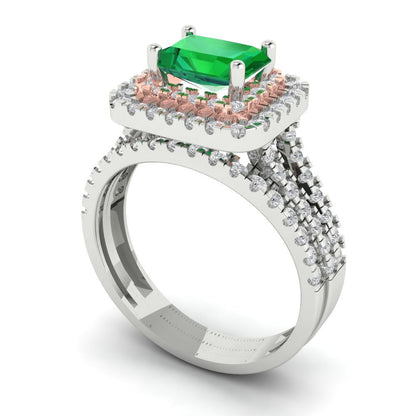 3.05 cttw Emerald Cut Simulated Emerald Bridal Set - Solid White/Rose Gold Engagement Ring & Wedding Band