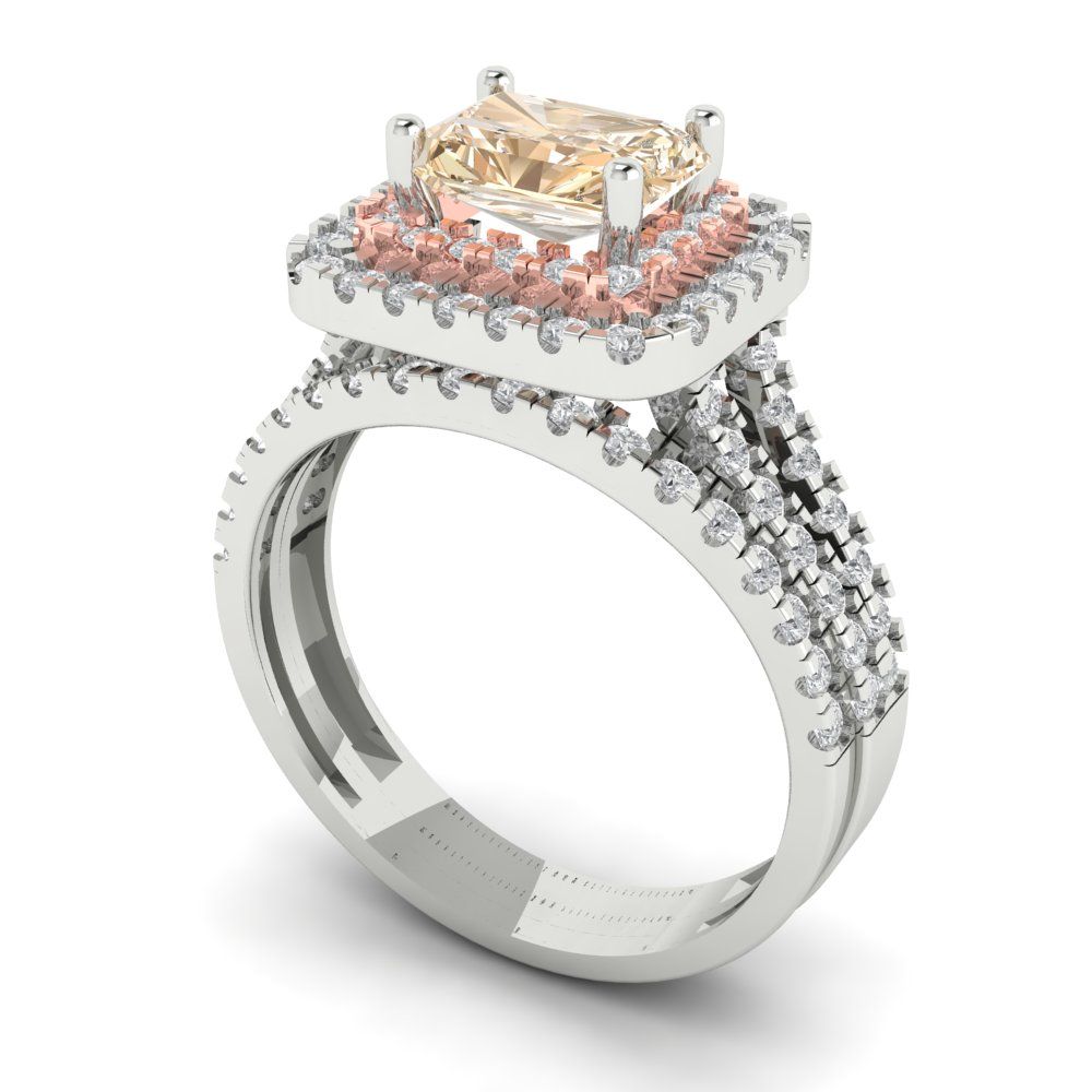 3.05 cttw Emerald Cut Natural Morganite Bridal Set - Solid White/Rose Gold Engagement Ring & Wedding Band