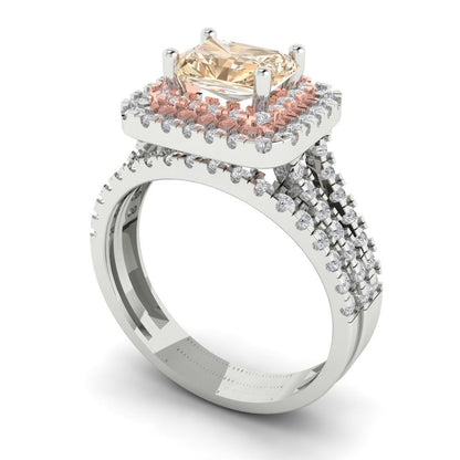 3.05 cttw Emerald Cut Natural Morganite Bridal Set - Solid White/Rose Gold Engagement Ring & Wedding Band
