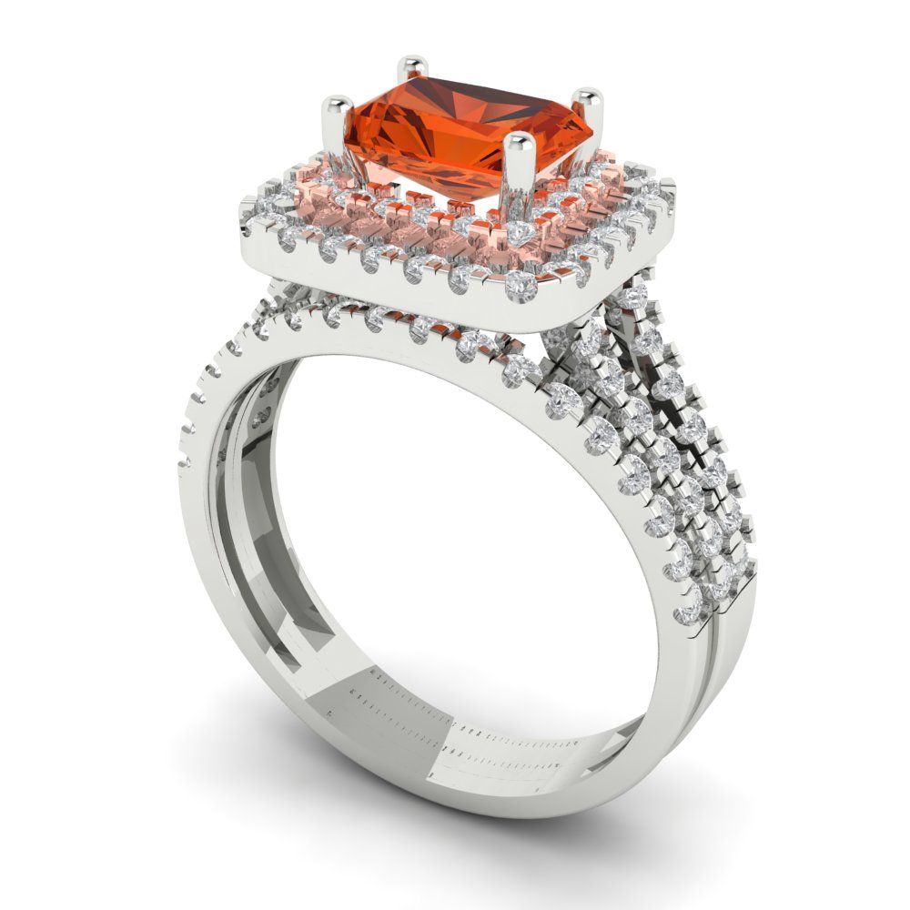 3.05 cttw Emerald Cut Simulated Red Diamond Bridal Set - Solid White/Rose Gold Engagement Ring & Wedding Band