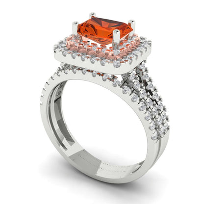 3.05 cttw Emerald Cut Simulated Red Diamond Bridal Set - Solid White/Rose Gold Engagement Ring & Wedding Band