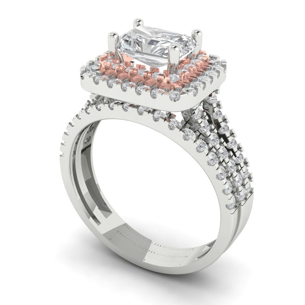 3.05 cttw Emerald Cut Moissanite Bridal Set - Solid White/Rose Gold Engagement Ring & Wedding Band