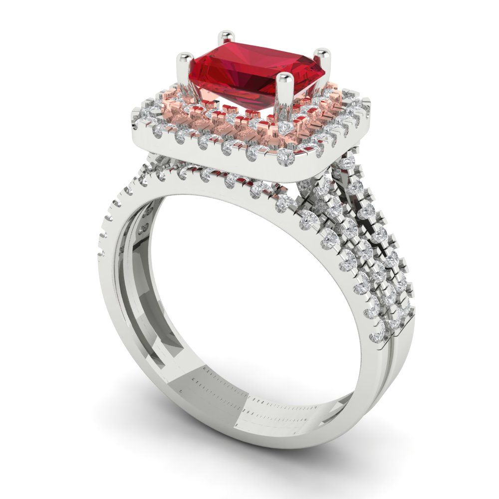 3.05 cttw Emerald Cut Simulated Ruby Bridal Set - Solid White/Rose Gold Engagement Ring & Wedding Band