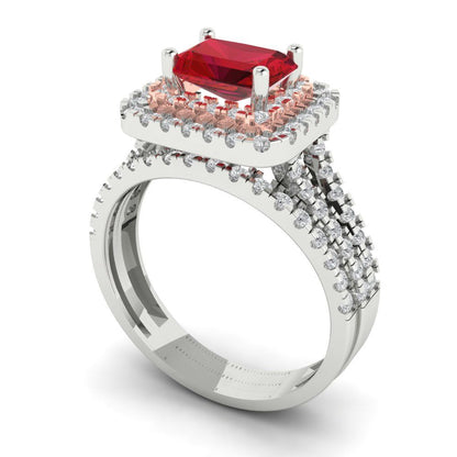 3.05 cttw Emerald Cut Simulated Ruby Bridal Set - Solid White/Rose Gold Engagement Ring & Wedding Band