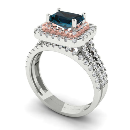 3.05 cttw Emerald Cut Natural London Blue Topaz Bridal Set - Solid White/Rose Gold Engagement Ring & Wedding Band