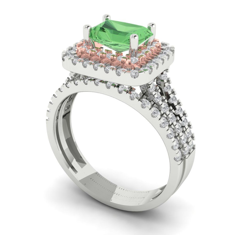 3.05 cttw Emerald Cut Simulated Green Diamond Bridal Set - Solid White/Rose Gold Engagement Ring & Wedding Band