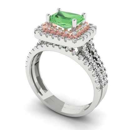 3.05 cttw Emerald Cut Simulated Green Diamond Bridal Set - Solid White/Rose Gold Engagement Ring & Wedding Band
