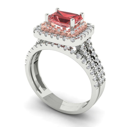 3.05 cttw Emerald Cut Natural Garnet Bridal Set - Solid White/Rose Gold Engagement Ring & Wedding Band
