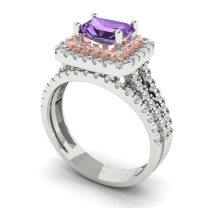 3.05 cttw Emerald Cut Simulated Alexandrite Bridal Set - Solid White/Rose Gold Engagement Ring & Wedding Band