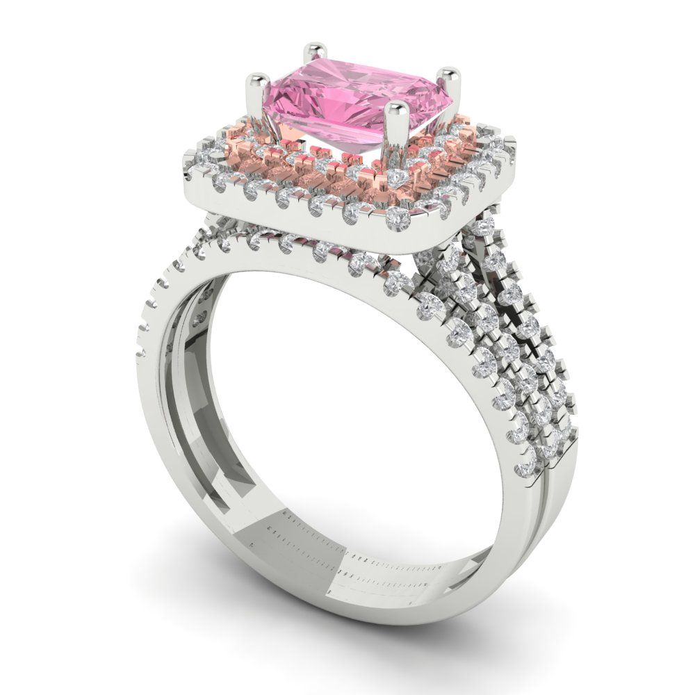 3.05 cttw Emerald Cut Simulated Pink Diamond Bridal Set - Solid White/Rose Gold Engagement Ring & Wedding Band