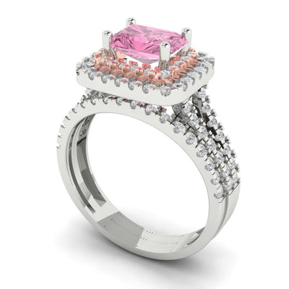 3.05 cttw Emerald Cut Simulated Pink Diamond Bridal Set - Solid White/Rose Gold Engagement Ring & Wedding Band