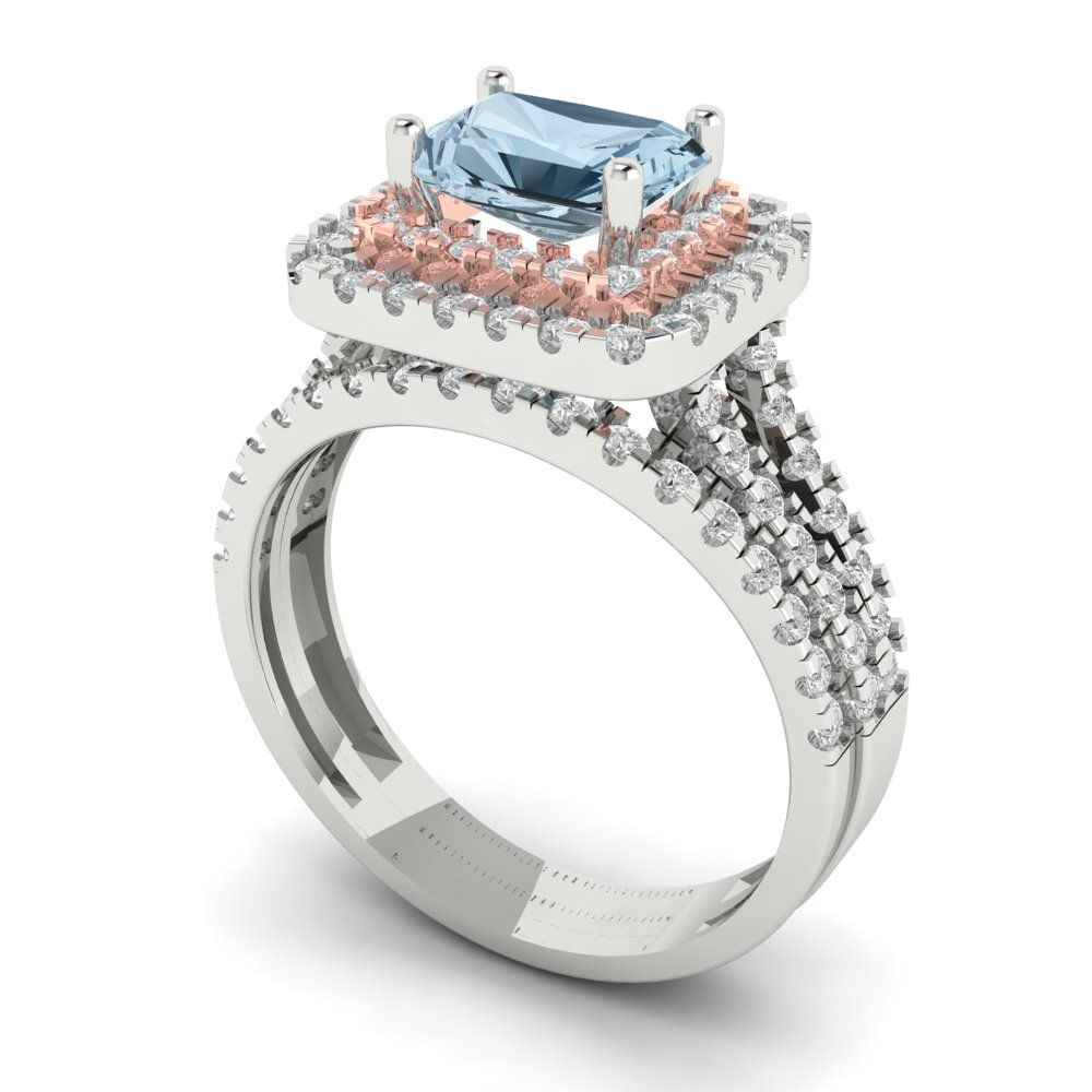 3.05 cttw Emerald Cut Simulated Blue Diamond Bridal Set - Solid White/Rose Gold Engagement Ring & Wedding Band