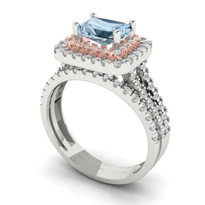 3.05 cttw Emerald Cut Simulated Blue Diamond Bridal Set - Solid White/Rose Gold Engagement Ring & Wedding Band