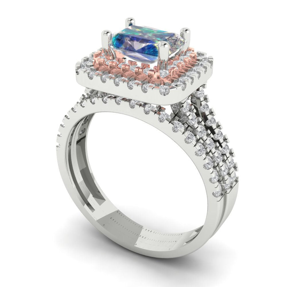 3.05 cttw Emerald Cut Blue Moissanite Bridal Set - Solid White/Rose Gold Engagement Ring & Wedding Band