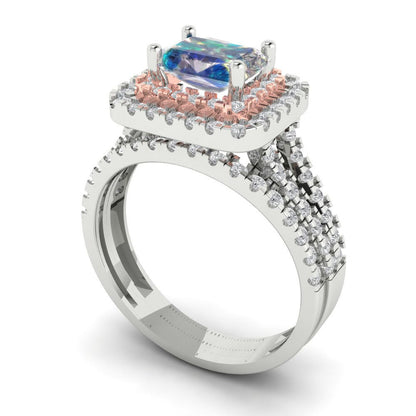 3.05 cttw Emerald Cut Blue Moissanite Bridal Set - Solid White/Rose Gold Engagement Ring & Wedding Band
