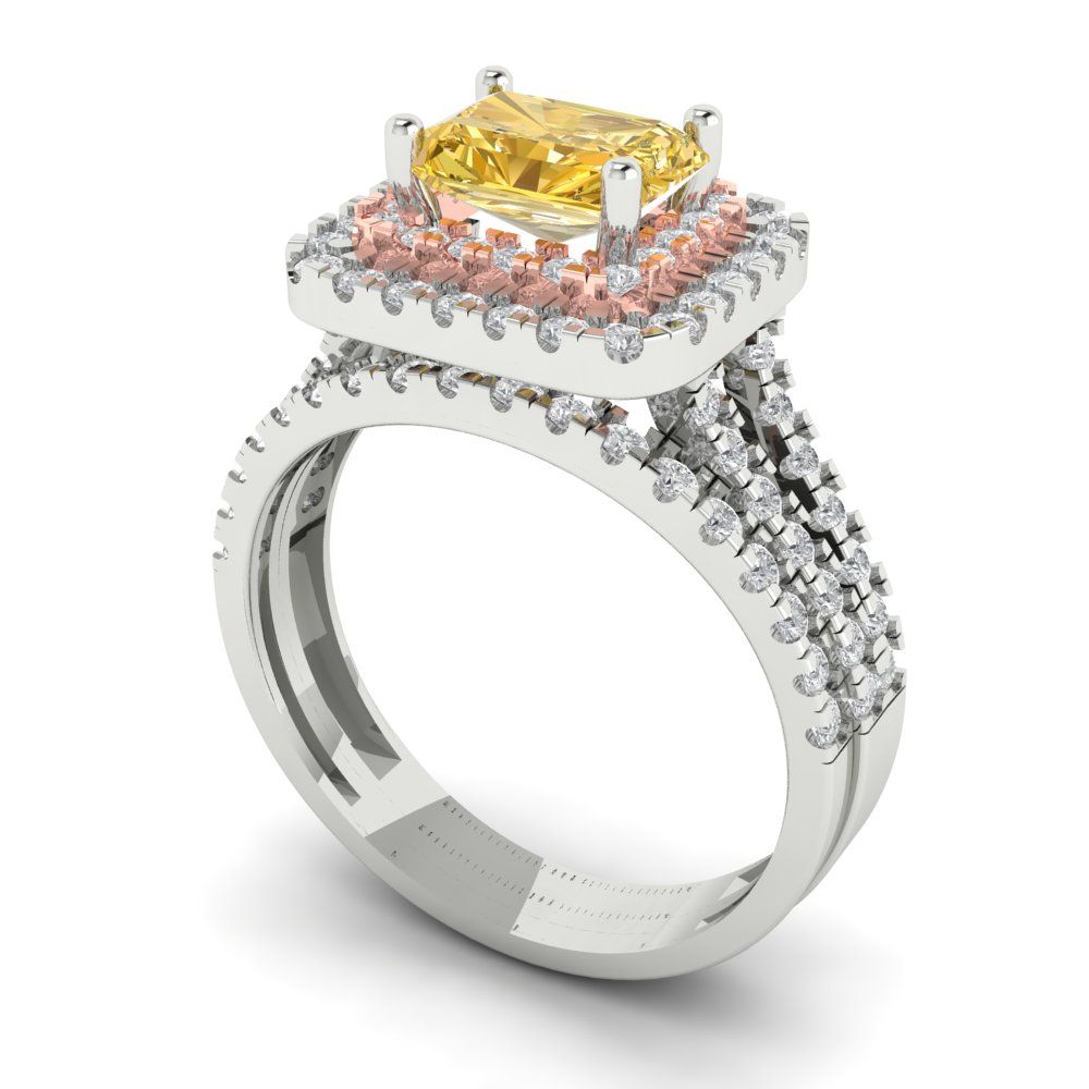 3.05 cttw Emerald Cut Natural Citrine Bridal Set - Solid White/Rose Gold Engagement Ring & Wedding Band