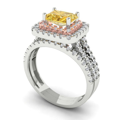 3.05 cttw Emerald Cut Natural Citrine Bridal Set - Solid White/Rose Gold Engagement Ring & Wedding Band