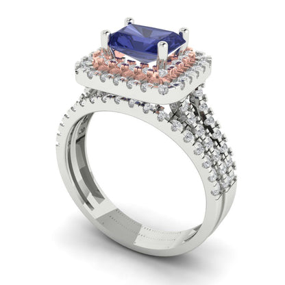 3.05 cttw Emerald Cut Simulated Tanzanite Bridal Set - Solid White/Rose Gold Engagement Ring & Wedding Band