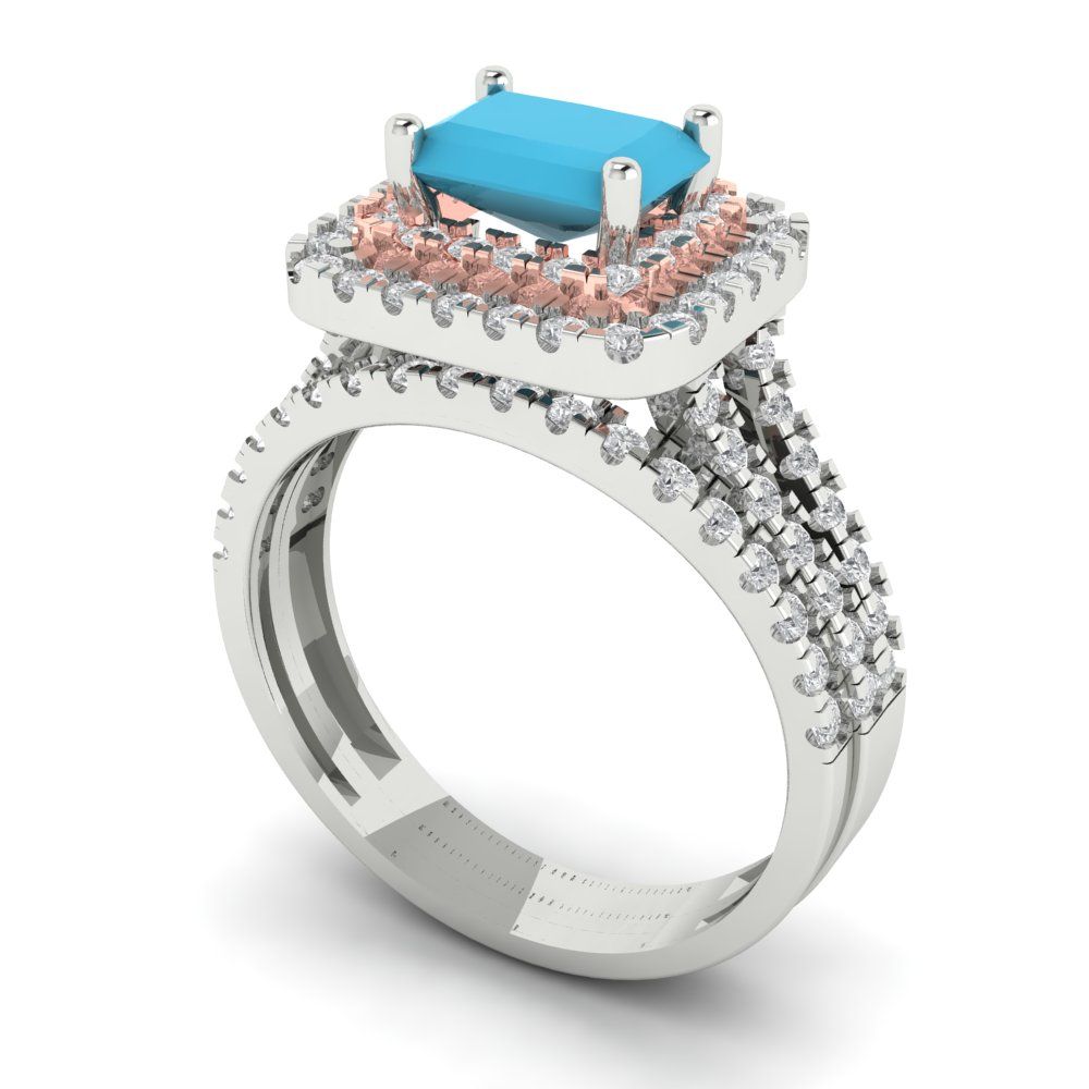 3.05 cttw Emerald Cut Simulated Turquoise Bridal Set - Solid White/Rose Gold Engagement Ring & Wedding Band