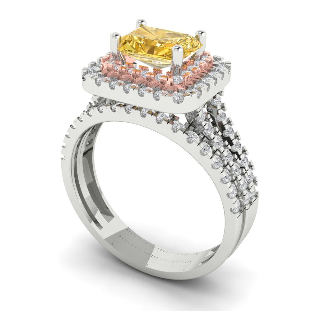 3.05 cttw Emerald Cut Yellow Moissanite Bridal Set - Solid White/Rose Gold Engagement Ring & Wedding Band