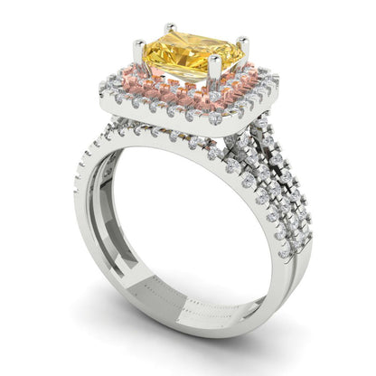 3.05 cttw Emerald Cut Yellow Moissanite Bridal Set - Solid White/Rose Gold Engagement Ring & Wedding Band