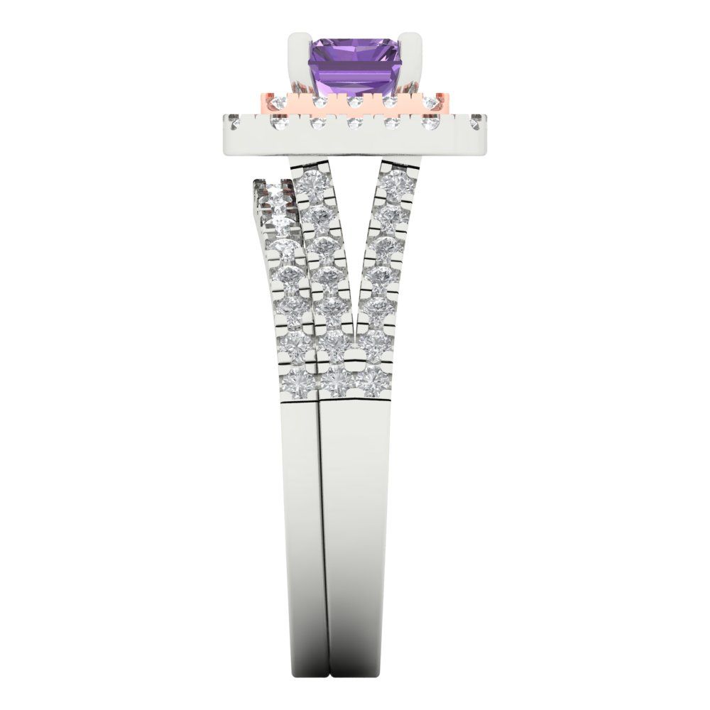 3.05 cttw Emerald Cut Simulated Alexandrite Bridal Set - Solid White/Rose Gold Engagement Ring & Wedding Band