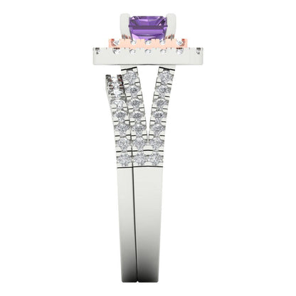 3.05 cttw Emerald Cut Simulated Alexandrite Bridal Set - Solid White/Rose Gold Engagement Ring & Wedding Band