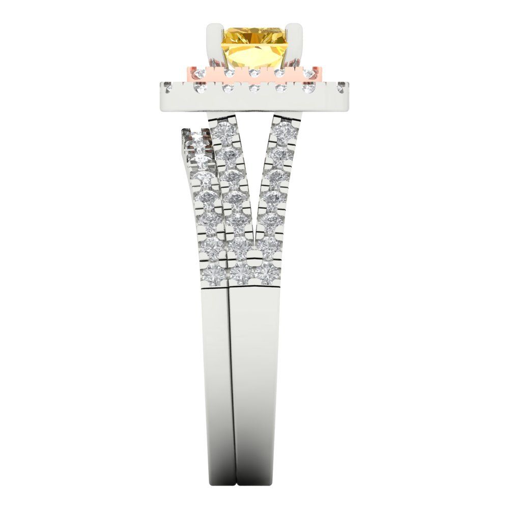 3.05 cttw Emerald Cut Simulated Yellow Diamond Bridal Set - Solid White/Rose Gold Engagement Ring & Wedding Band