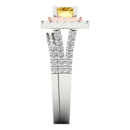3.05 cttw Emerald Cut Simulated Yellow Diamond Bridal Set - Solid White/Rose Gold Engagement Ring & Wedding Band
