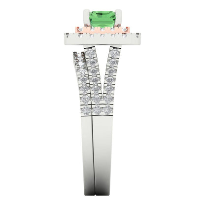 3.05 cttw Emerald Cut Simulated Green Diamond Bridal Set - Solid White/Rose Gold Engagement Ring & Wedding Band