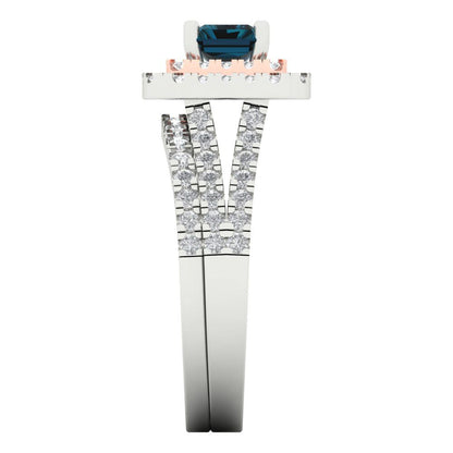 3.05 cttw Emerald Cut Natural London Blue Topaz Bridal Set - Solid White/Rose Gold Engagement Ring & Wedding Band