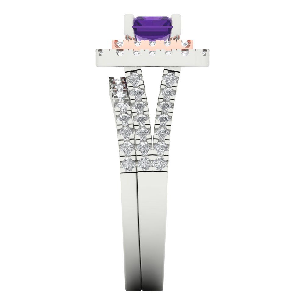 3.05 cttw Emerald Cut Natural Amethyst Bridal Set - Solid White/Rose Gold Engagement Ring & Wedding Band