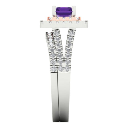 3.05 cttw Emerald Cut Natural Amethyst Bridal Set - Solid White/Rose Gold Engagement Ring & Wedding Band