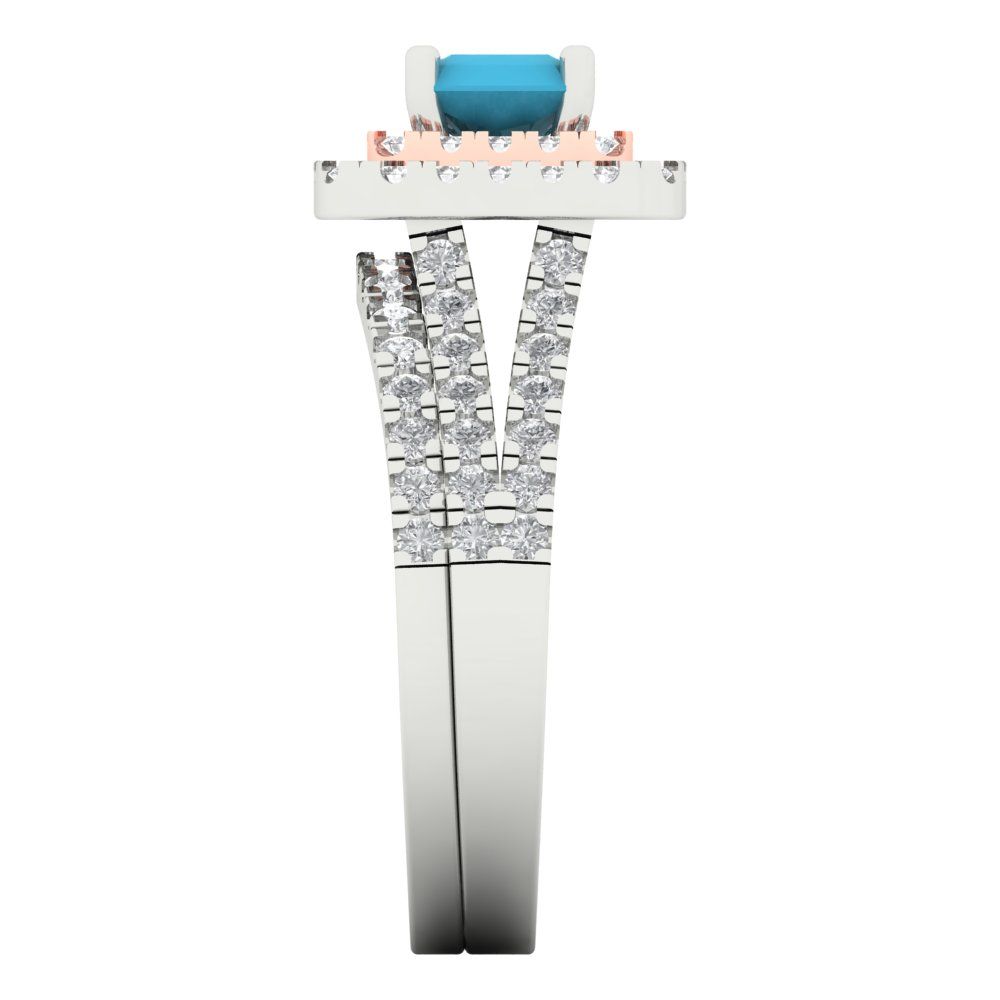 3.05 cttw Emerald Cut Simulated Turquoise Bridal Set - Solid White/Rose Gold Engagement Ring & Wedding Band