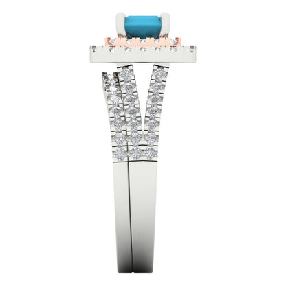 3.05 cttw Emerald Cut Simulated Turquoise Bridal Set - Solid White/Rose Gold Engagement Ring & Wedding Band