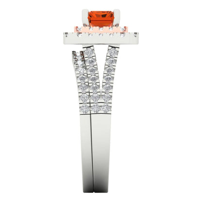3.05 cttw Emerald Cut Simulated Red Diamond Bridal Set - Solid White/Rose Gold Engagement Ring & Wedding Band