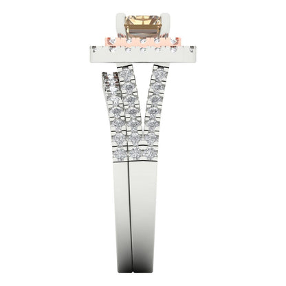3.05 cttw Emerald Cut Yellow Moissanite Bridal Set - Solid White/Rose Gold Engagement Ring & Wedding Band
