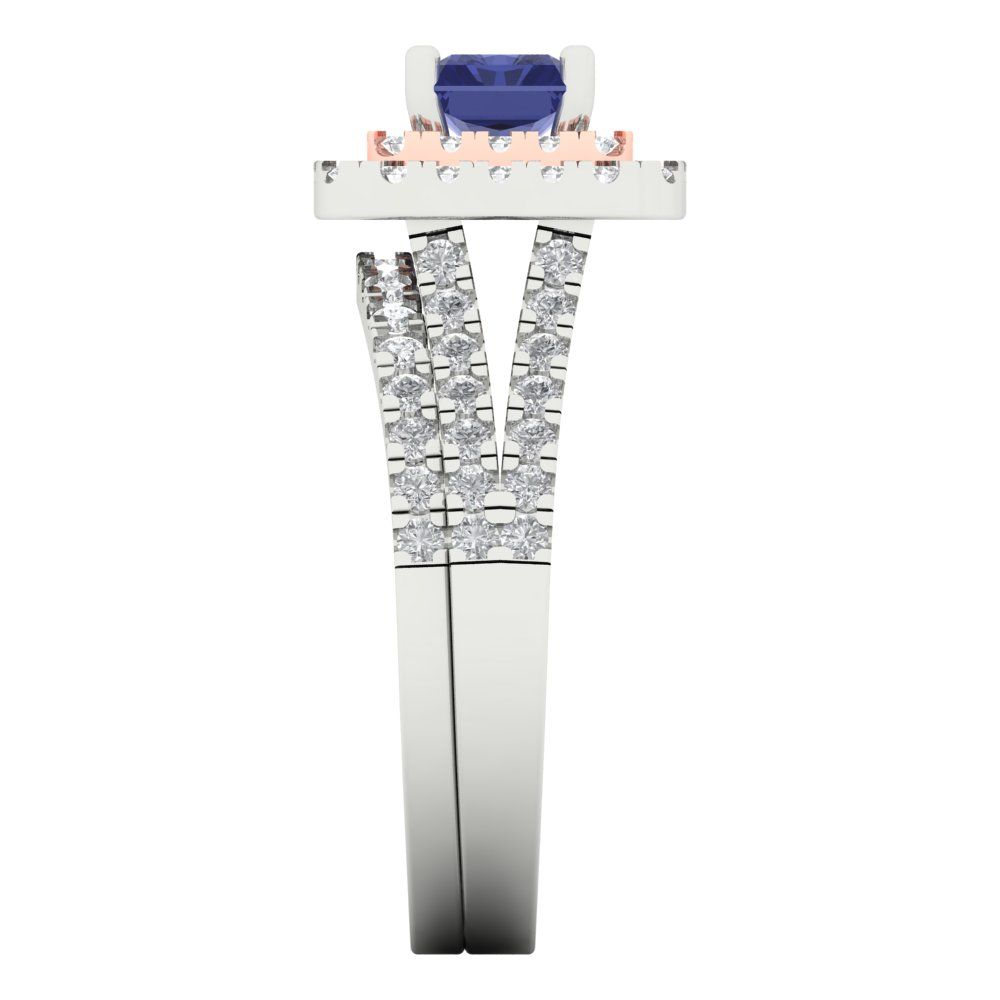 3.05 cttw Emerald Cut Simulated Tanzanite Bridal Set - Solid White/Rose Gold Engagement Ring & Wedding Band