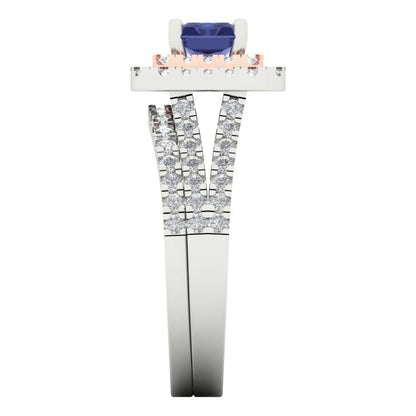 3.05 cttw Emerald Cut Simulated Tanzanite Bridal Set - Solid White/Rose Gold Engagement Ring & Wedding Band