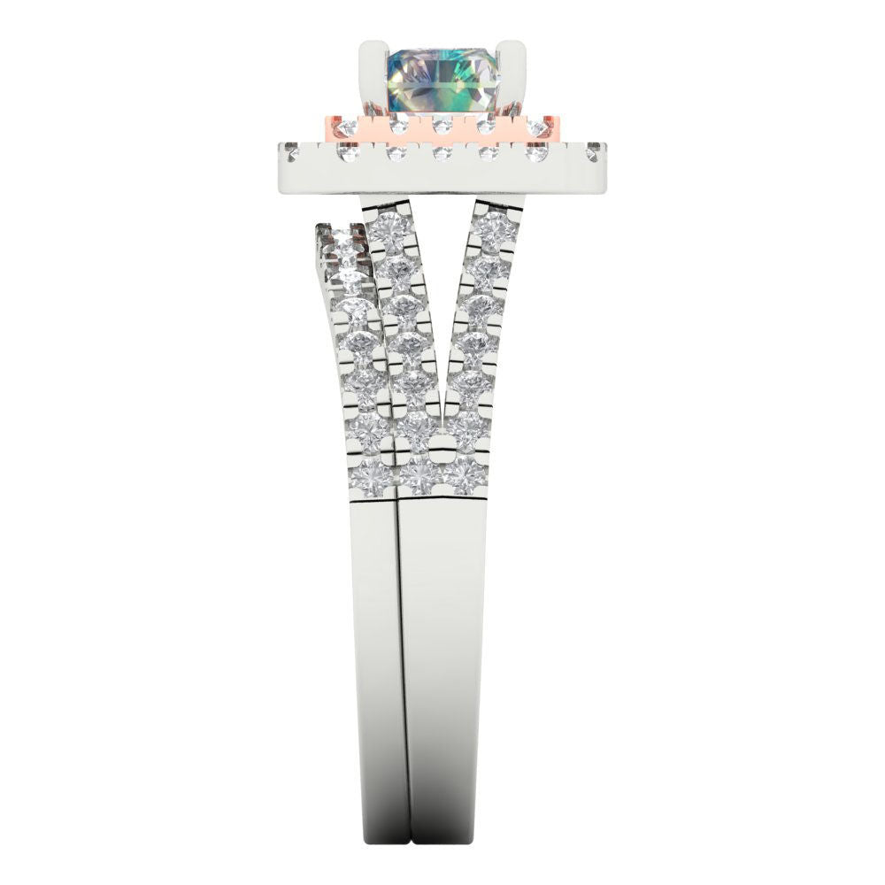 3.05 cttw Emerald Cut Blue Moissanite Bridal Set - Solid White/Rose Gold Engagement Ring & Wedding Band