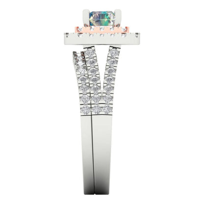3.05 cttw Emerald Cut Blue Moissanite Bridal Set - Solid White/Rose Gold Engagement Ring & Wedding Band