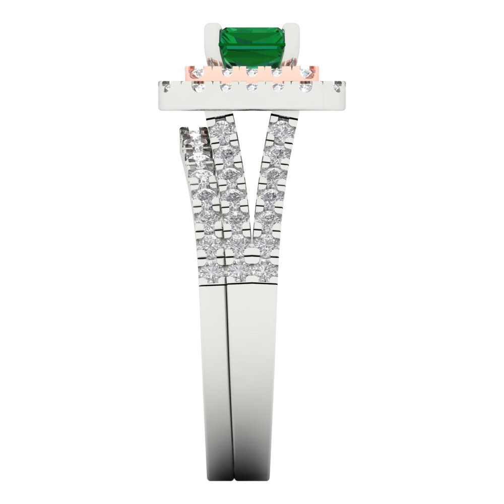 3.05 cttw Emerald Cut Simulated Emerald Bridal Set - Solid White/Rose Gold Engagement Ring & Wedding Band