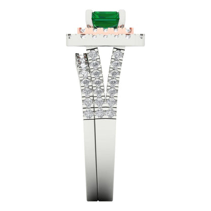 3.05 cttw Emerald Cut Simulated Emerald Bridal Set - Solid White/Rose Gold Engagement Ring & Wedding Band