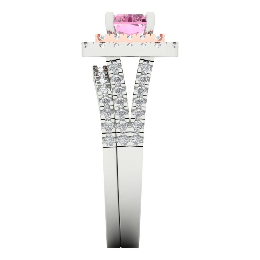 3.05 cttw Emerald Cut Simulated Pink Diamond Bridal Set - Solid White/Rose Gold Engagement Ring & Wedding Band