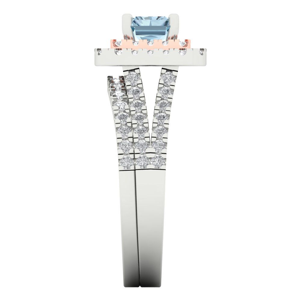 3.05 cttw Emerald Cut Simulated Blue Diamond Bridal Set - Solid White/Rose Gold Engagement Ring & Wedding Band