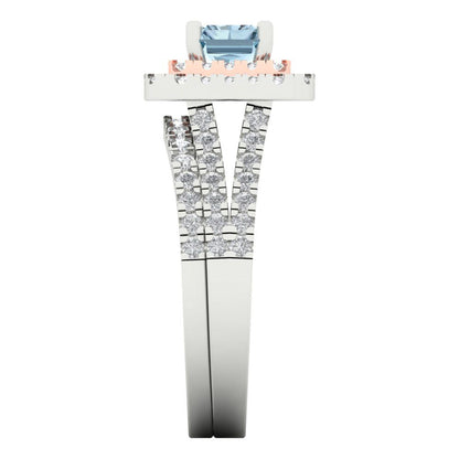3.05 cttw Emerald Cut Simulated Blue Diamond Bridal Set - Solid White/Rose Gold Engagement Ring & Wedding Band