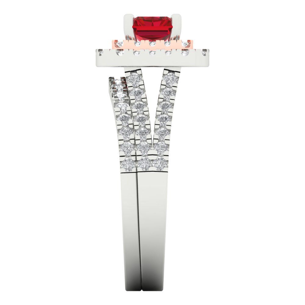 3.05 cttw Emerald Cut Simulated Pink Tourmaline Bridal Set - Solid White/Rose Gold Engagement Ring & Wedding Band
